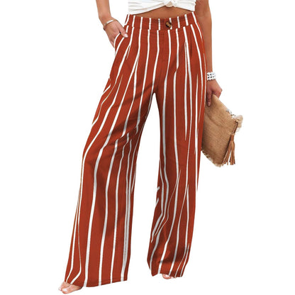 Pantalones anchos con botones y cintura alta con estampado floral a rayas informales para mujer