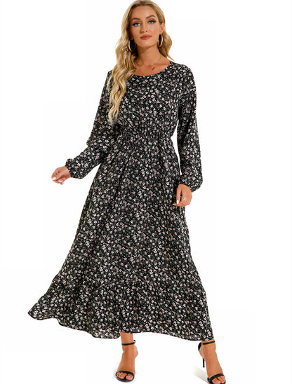 Vestido largo informal de manga larga con cuello redondo y estampado floral para mujer