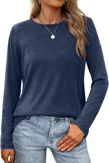 Camiseta informal de verano para mujer, color liso, cuello redondo, manga larga, en blanco