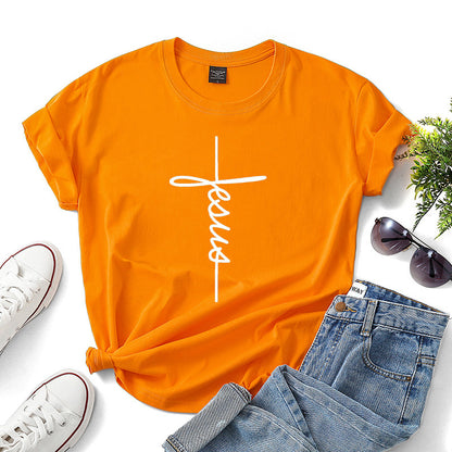 Peace Women Casual Letter Faith Print Short-sleeved Round Neck Loose Colored T-shirt