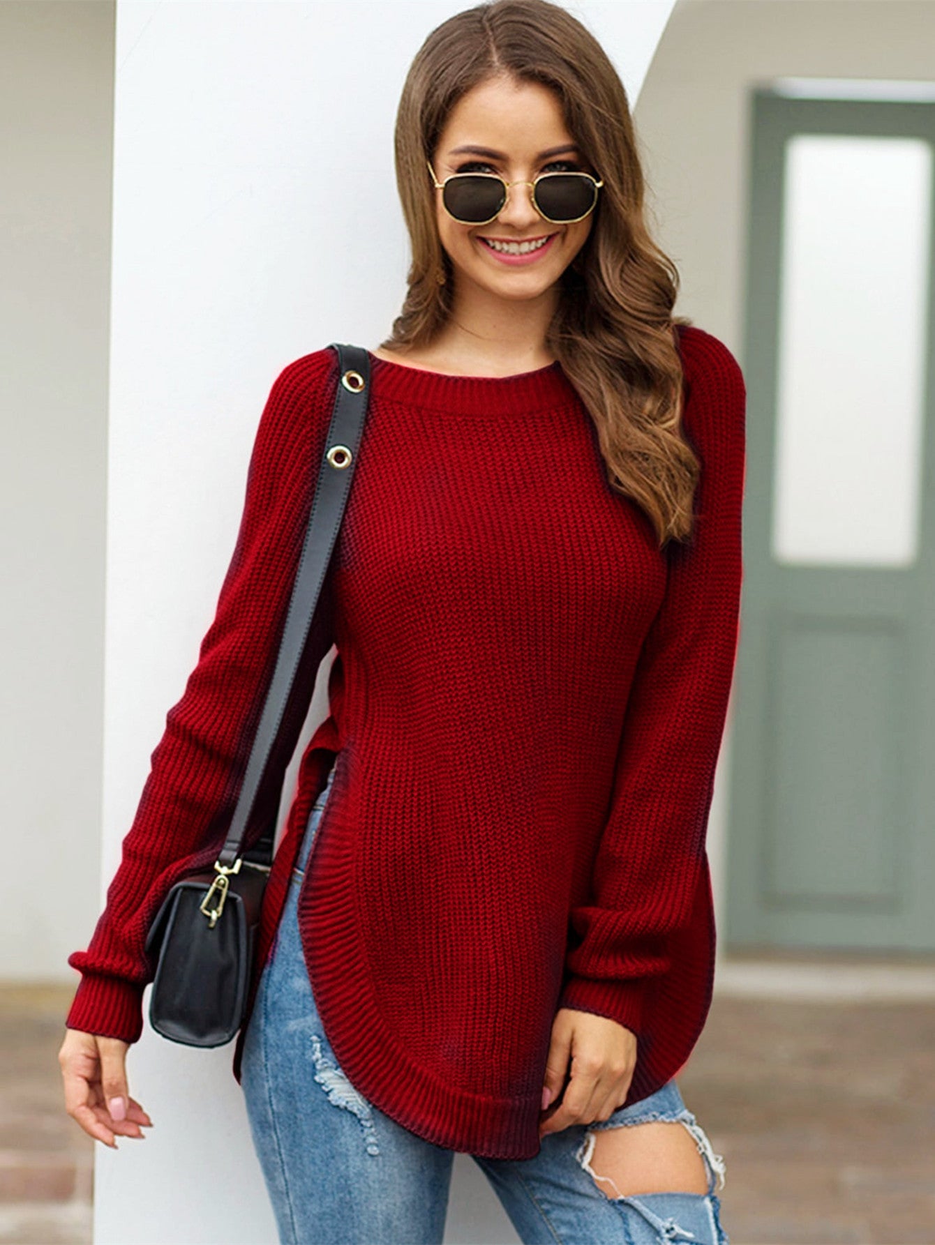 Suéter informal de manga larga con cuello redondo y color liso para mujer de otoño e invierno