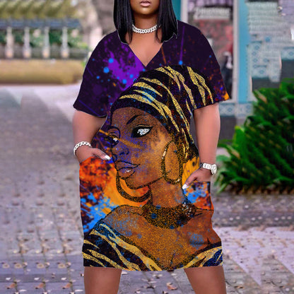 Women Casual Graffiti Printed Vintage 3D Pocket Loose Plus Size Dress