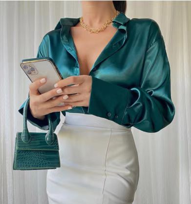 Camisa de manga larga con solapa de color liso informal a la moda para mujer