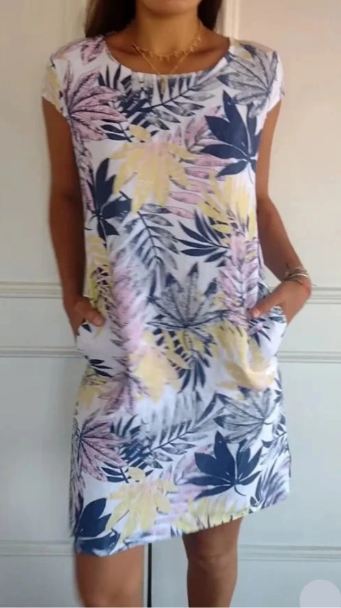 Vestido informal holgado con estampado de cuello redondo y manga corta con bolsillos para mujer