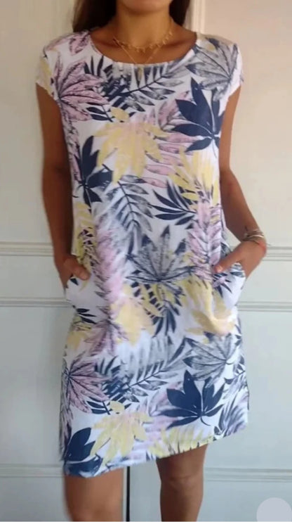 Vestido informal holgado con estampado de cuello redondo y manga corta con bolsillos para mujer