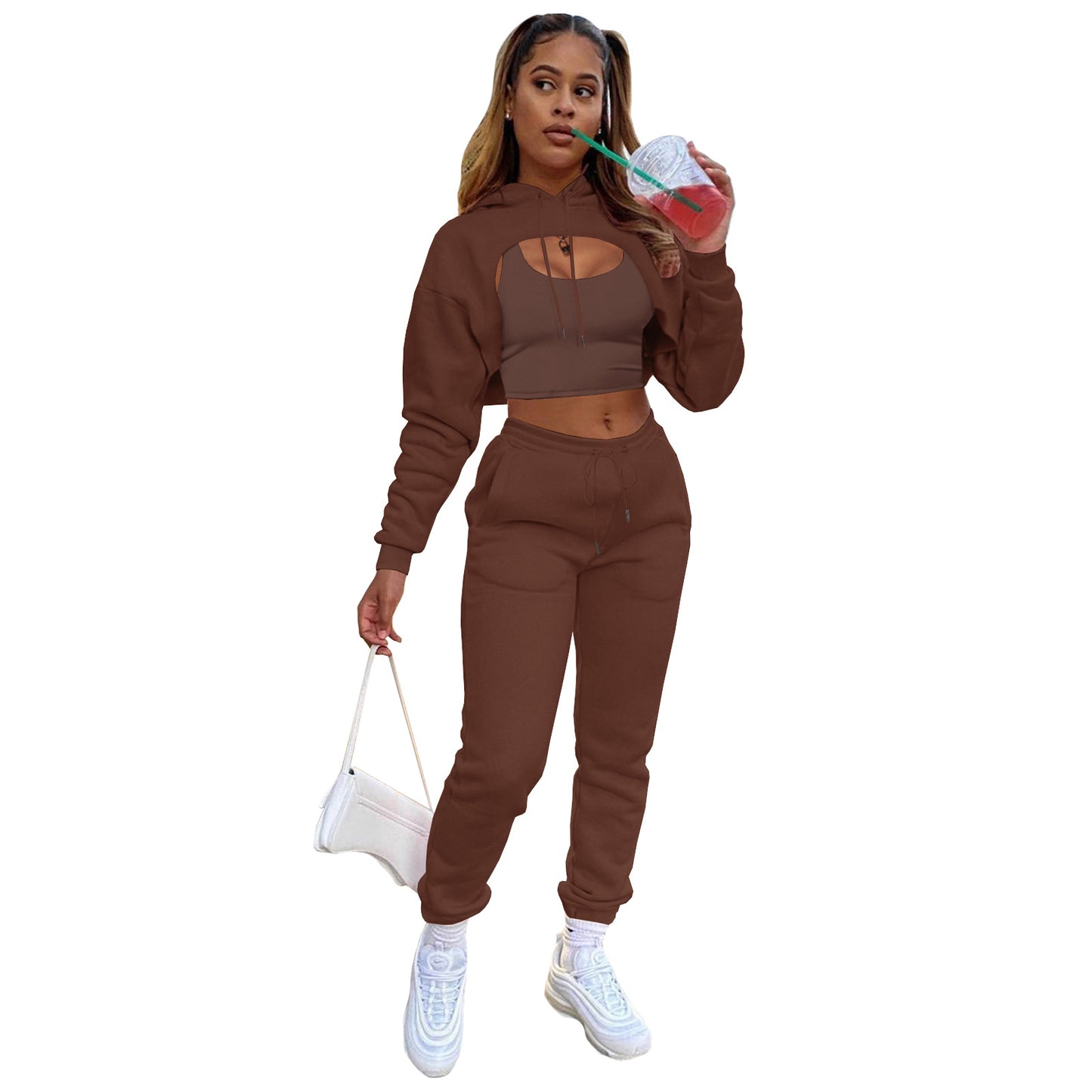 Women Casual Solid Color Long Sleeves Fleece-lined Hooded Top And Drawstring Waist Jogger Sweatpants With Tank Top Three Pieces Set