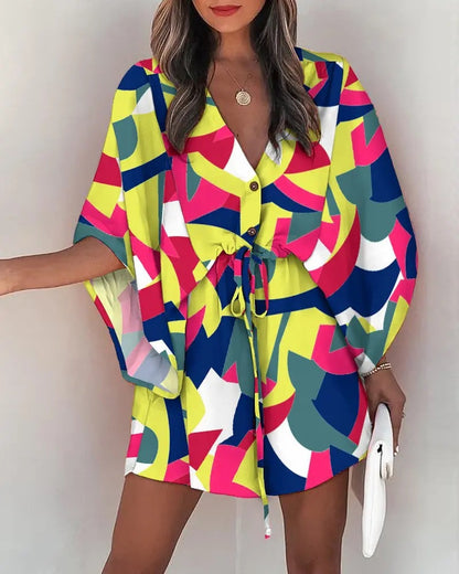Women Elegant Bohemian Summer Short Sleeves V Neck Casual Bandage Holiday Dress