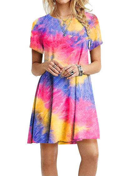 Vestido mini informal holgado de manga corta con estampado degradado de arcoíris y teñido anudado para mujer