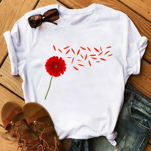 Camiseta informal de manga corta con estampado de diente de león para mujer