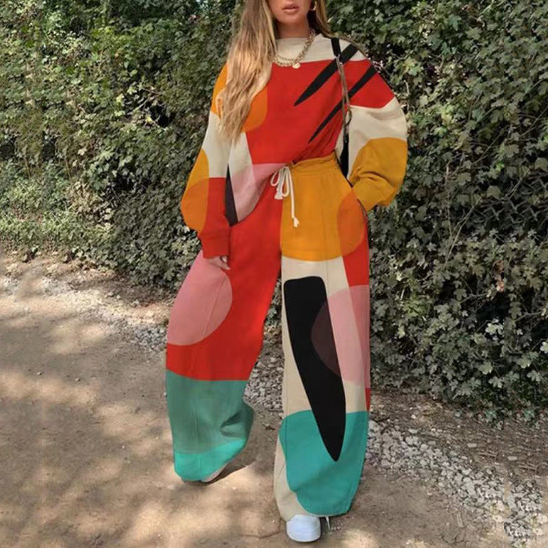 Conjunto de top y pantalón básico de manga larga con cuello redondo y estampado holgado para mujer