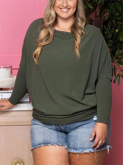 Camiseta informal de manga larga con cuello redondo y color liso para mujer