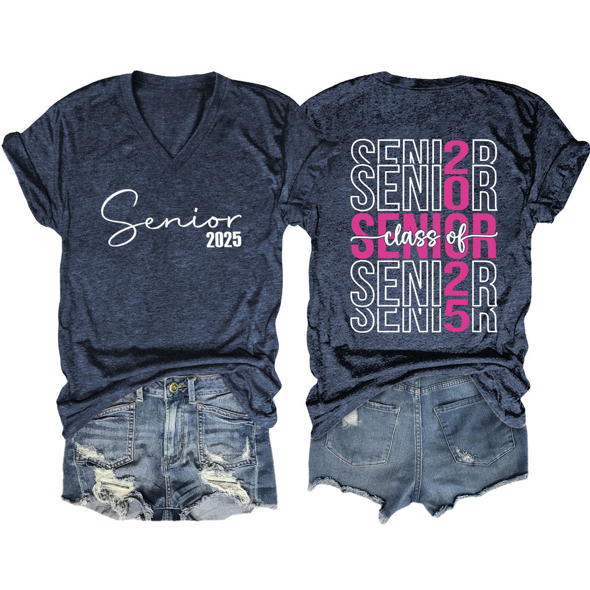 Camiseta informal de manga corta con cuello en V y estampado de letras para mujer 2025