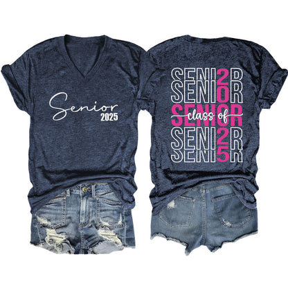 Camiseta informal de manga corta con cuello en V y estampado de letras para mujer 2025