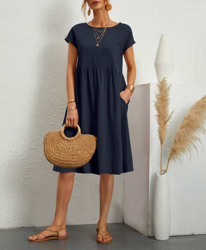 Fashion Summer Women'S Round Neck Solid Color Casual Short Sleeve Dress