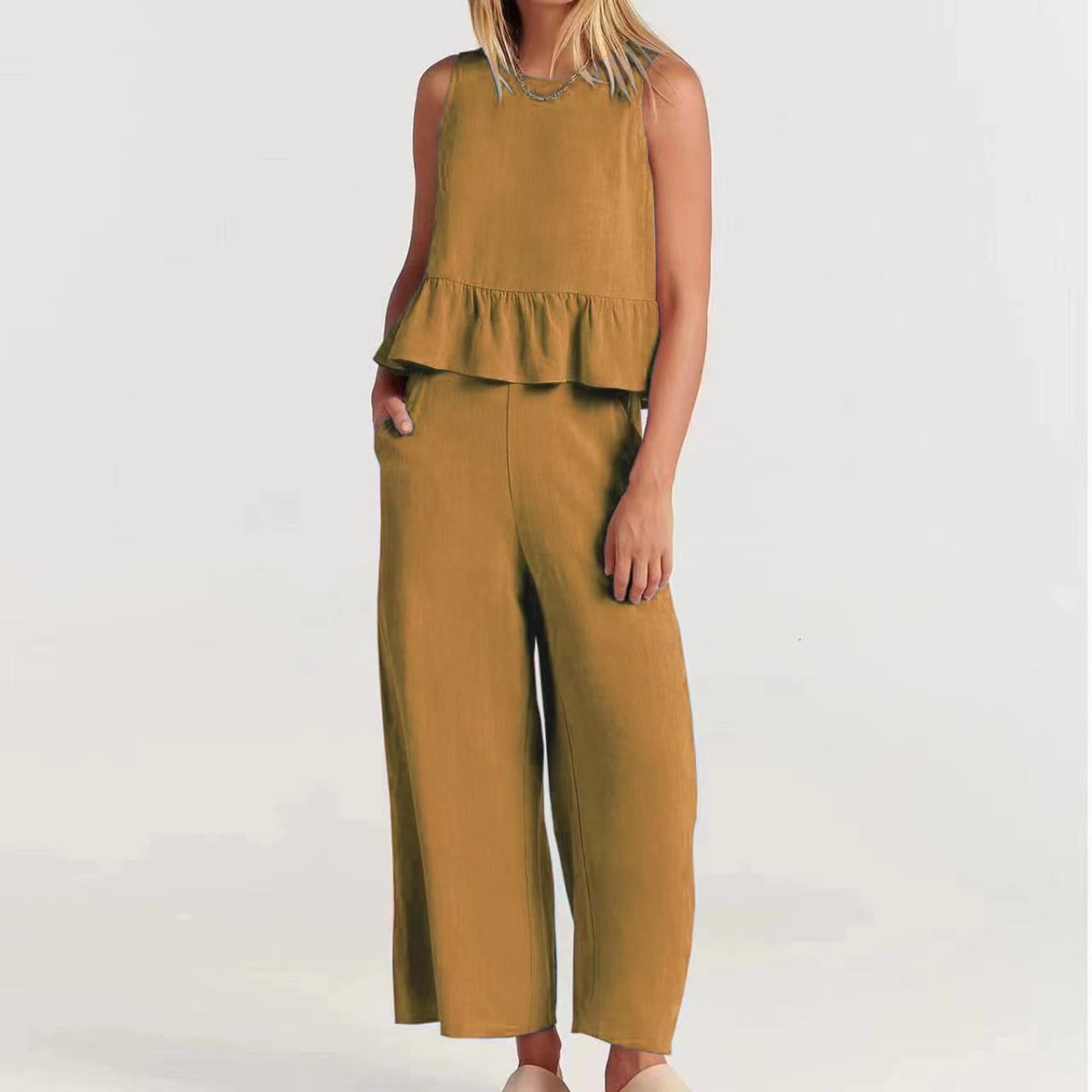 Conjunto informal de verano para mujer, blusa sin mangas con volantes y pantalones de pierna ancha