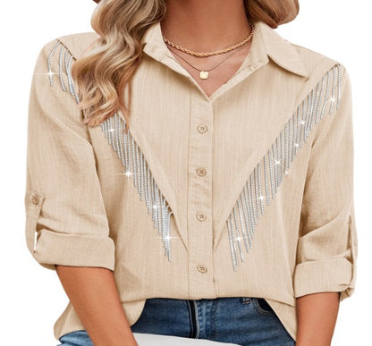 Blusa informal de manga larga con solapa y borlas de diamantes de imitación para mujer