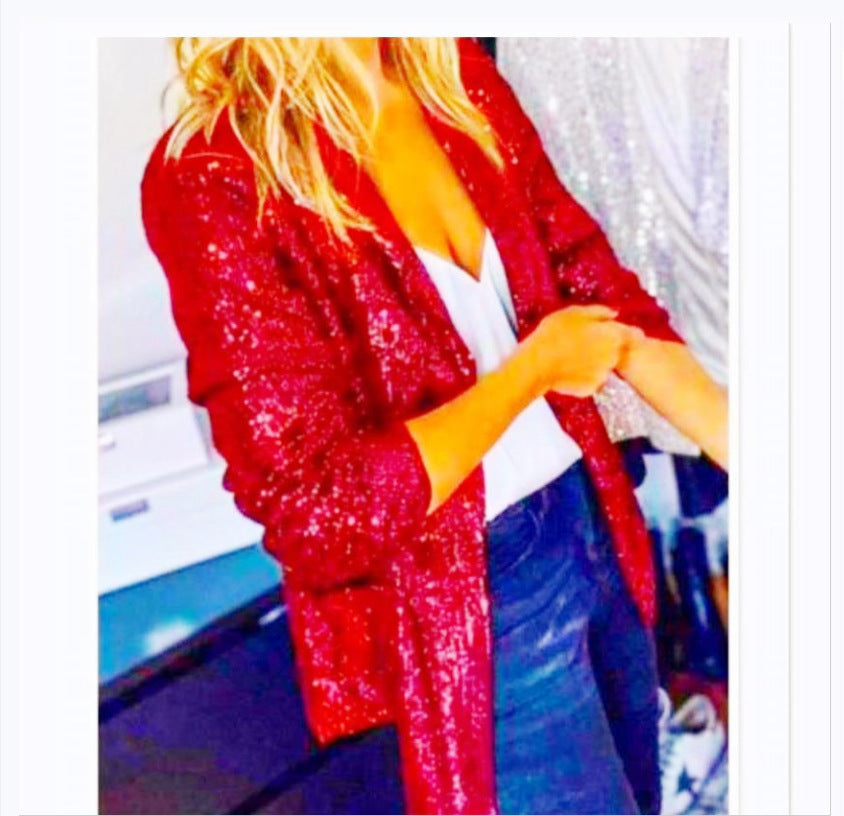 Chaqueta informal de manga larga con solapa y lentejuelas de color liso para mujer