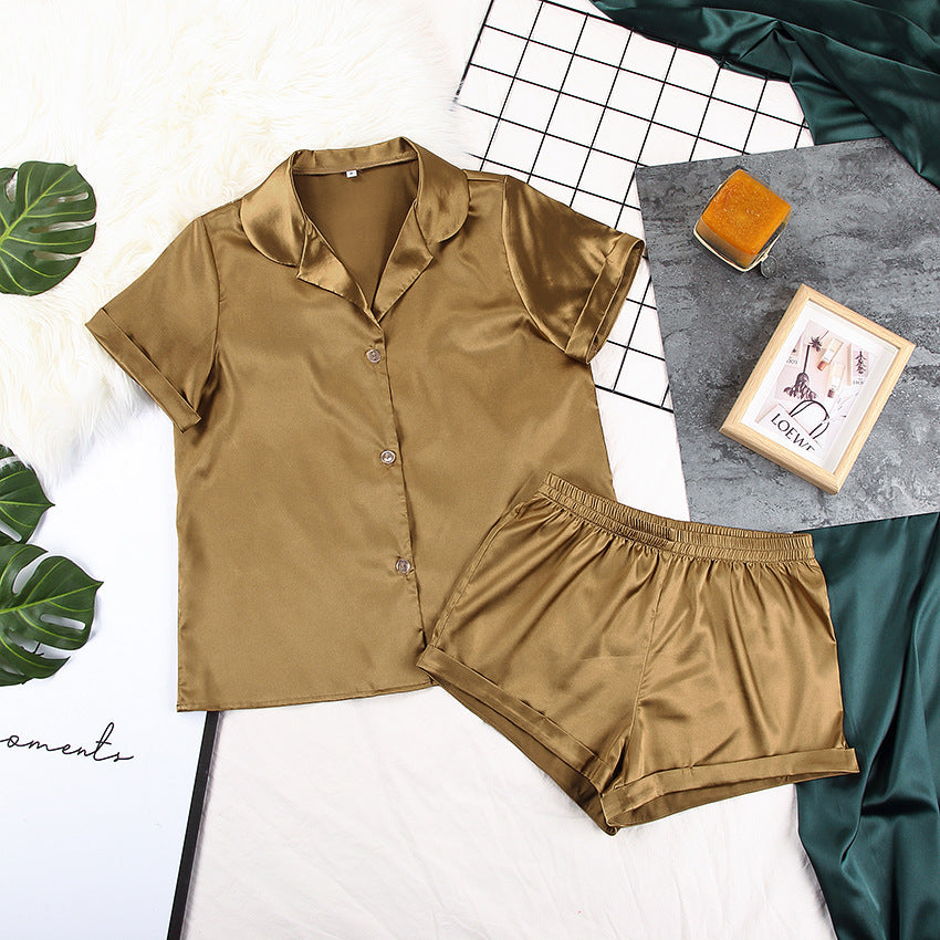 Conjunto de pijama holgado informal de seda con manga corta y pantalones cortos para mujer