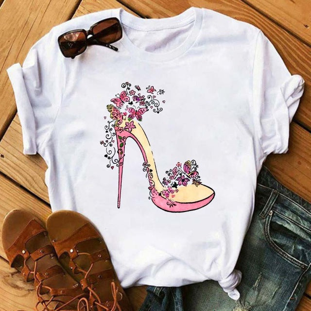 Camiseta informal de manga corta con cuello redondo y estampado de labios para mujer