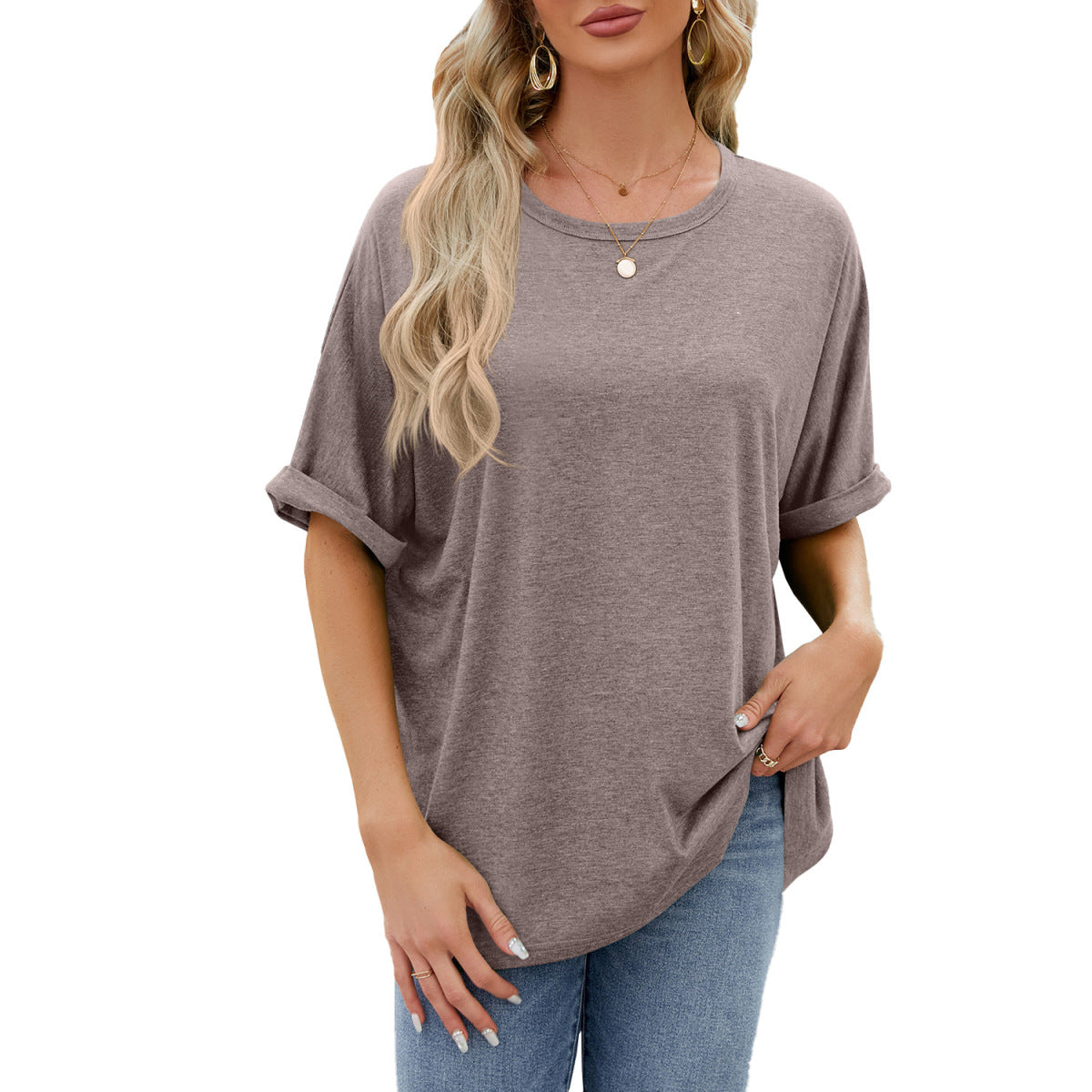 Camiseta informal de verano para mujer, color liso, cuello redondo y manga corta