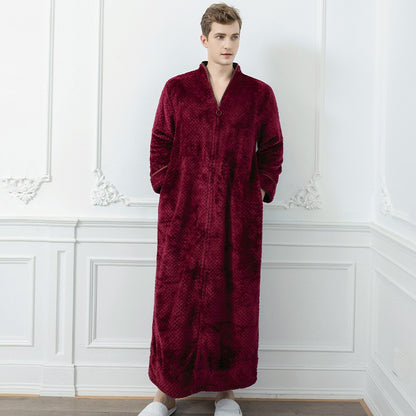 Couples Winter Fashion Casual Home Solid Color Flannel V Neck Long Sleeve Zipper Robes Sleepwear