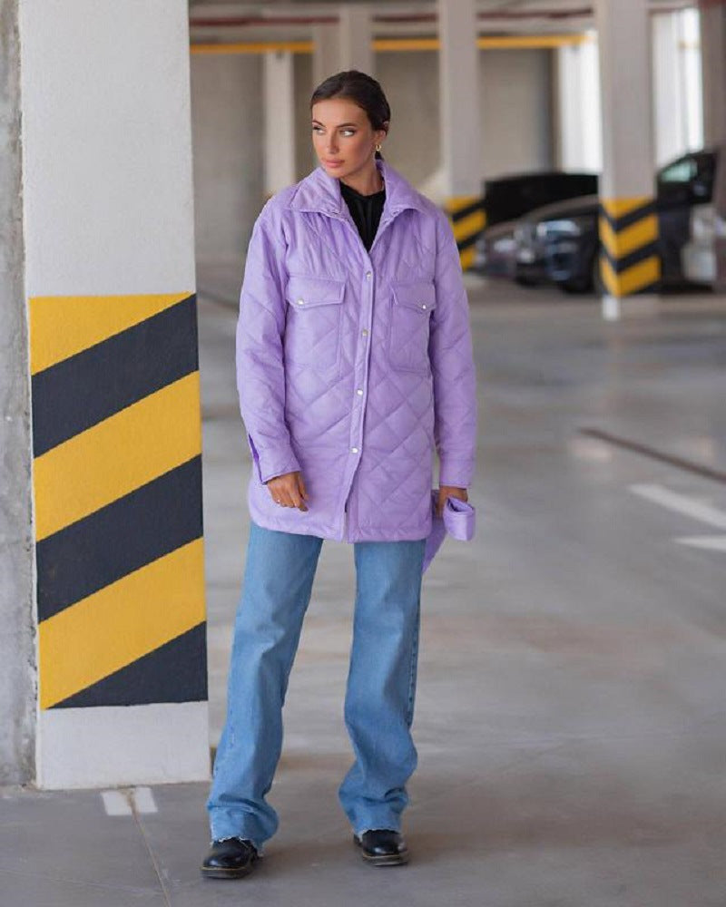 Autumn Winter Women Fashion Casual Loose-Breasted Lapel Warm Rhombic Quilted Jacket Coat