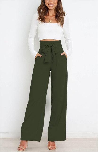 Pantalones casuales de cintura alta con lazo y cordones de color liso a la moda para mujer