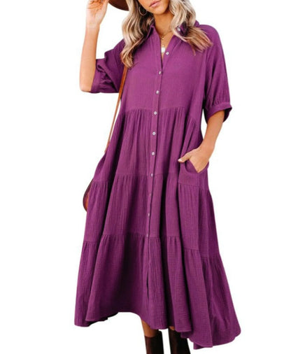 Summer Women Casual Solid Color Button Loose Shirt Dress