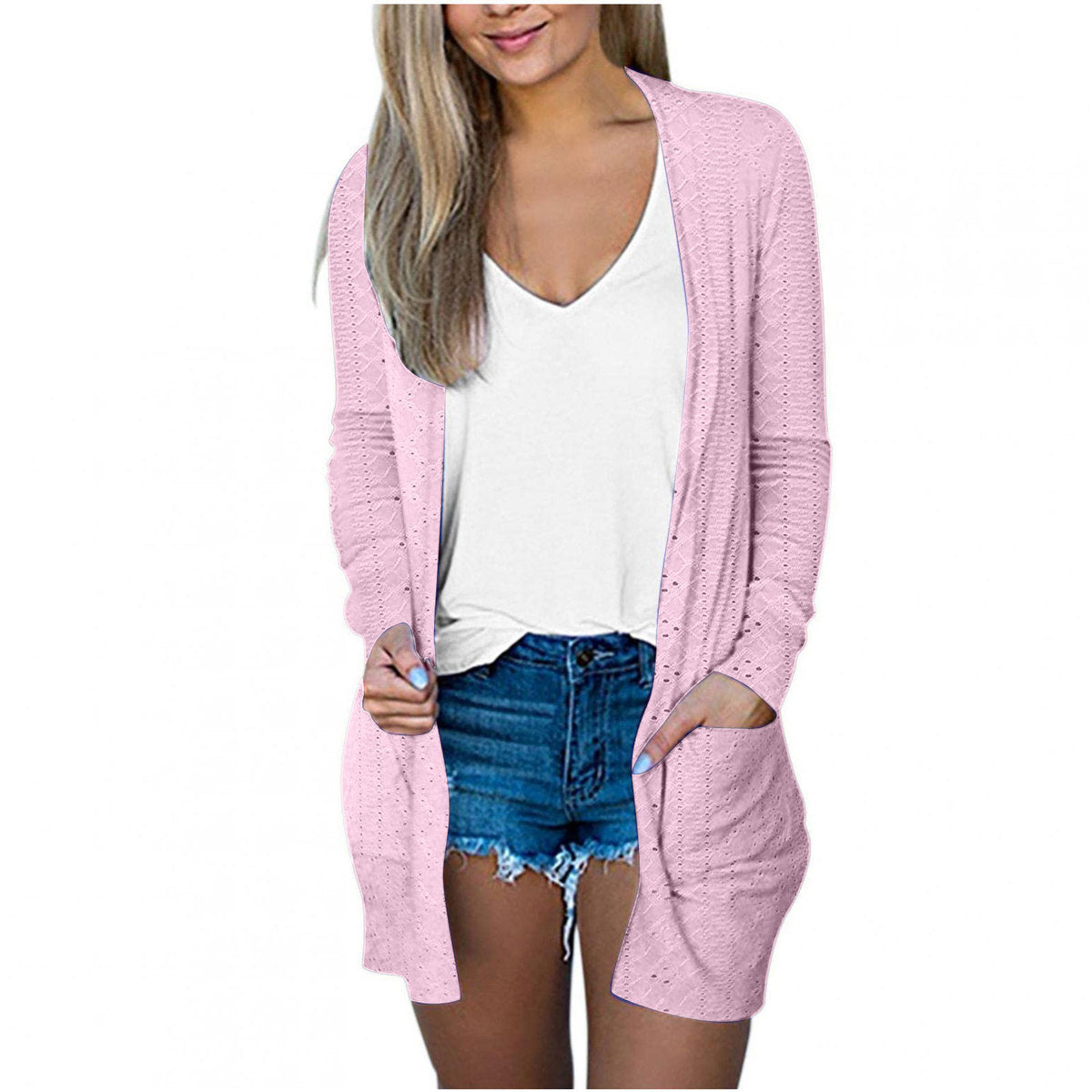 Abrigo informal holgado de manga larga con bolsillos en color liso para mujer