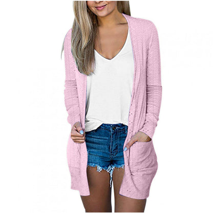 Abrigo informal holgado de manga larga con bolsillos en color liso para mujer