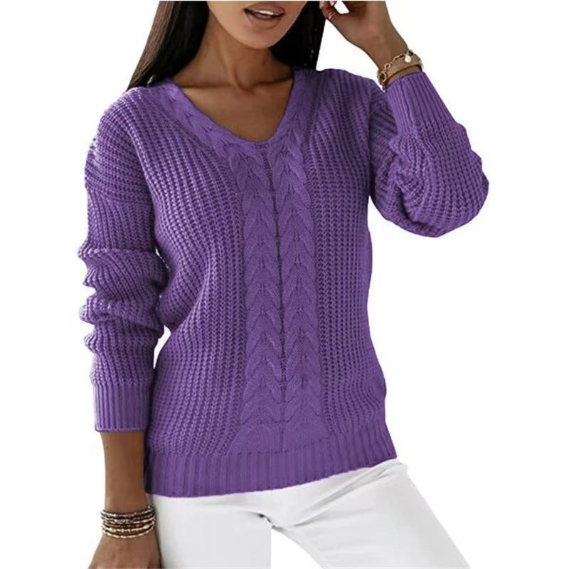 Women Fashion Casual V-Neck Long Sleeve Solid Color Knitted Sweater