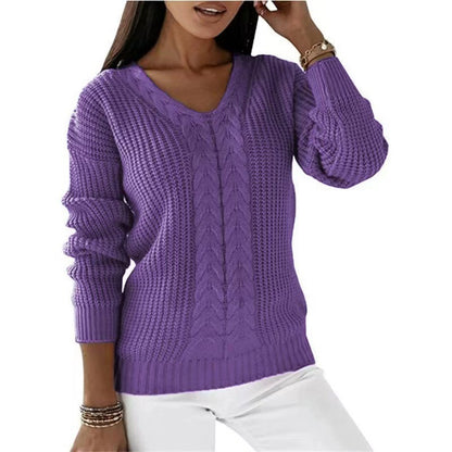 Women Fashion Casual V-Neck Long Sleeve Solid Color Knitted Sweater