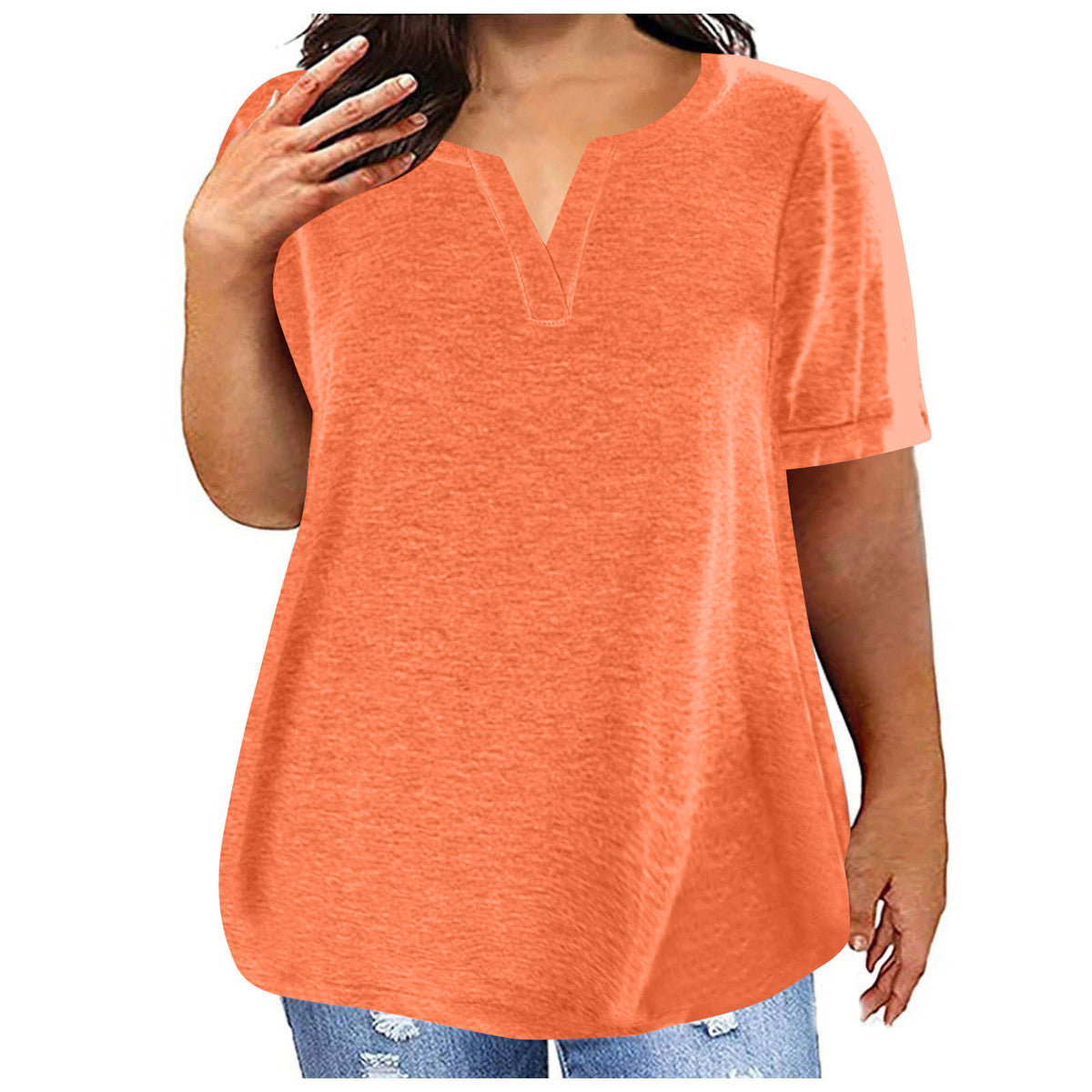 Women Casual Plus Size Solid Color V-Neck Short Sleeve Pocket T-Shirt