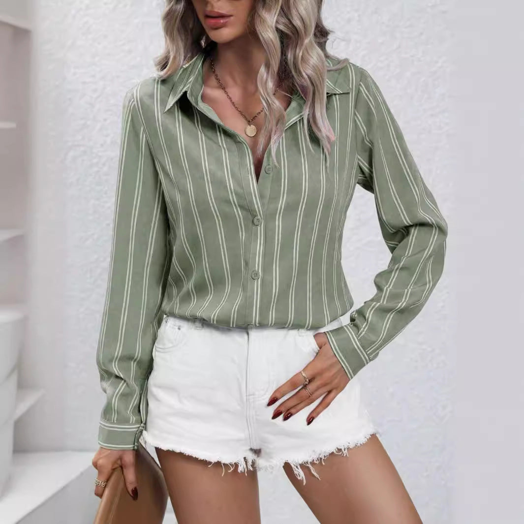 Blusa informal holgada de manga larga con solapa y rayas para mujer