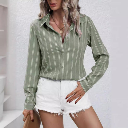 Blusa informal holgada de manga larga con solapa y rayas para mujer
