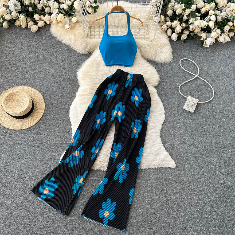 Conjunto de pantalón y top con estampado floral sin mangas informal a la moda para mujer