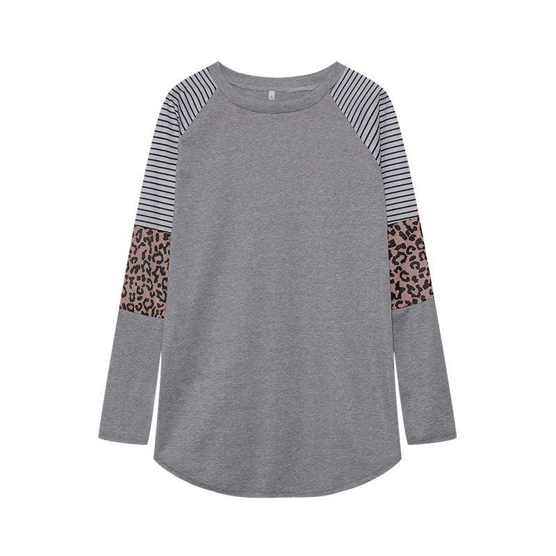 Camiseta informal de manga larga con cuello redondo y rayas de leopardo para mujer de otoño