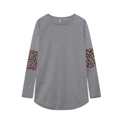 Camiseta informal de manga larga con cuello redondo y rayas de leopardo para mujer de otoño