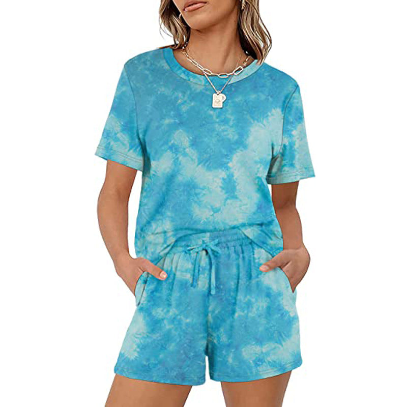 Women Casual Summer Basic Solid Color Short Sleeve T-Shirt Elastic Tie Pocket Shorts Set