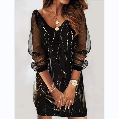 Casual Plus Size Women Sequined See-Through Mesh Long Sleeve Casual Dress