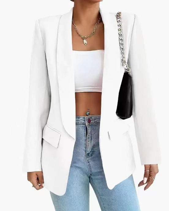 Chaqueta blazer informal de manga larga con solapa de color liso para mujer