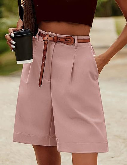 Women Fashion Casual Solid Color Elastic Waist Wide Leg Pockets Shorts
