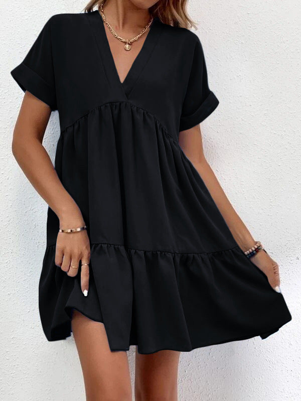 Vestido informal de verano para mujer, con escote en V y manga corta, estilo swing grande
