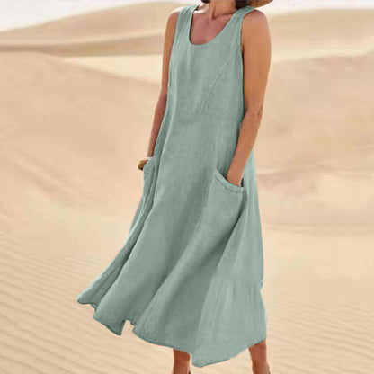 Summer Women Casual Solid Color Sleeveless Round Neck Pocket Cotton Linen Dress