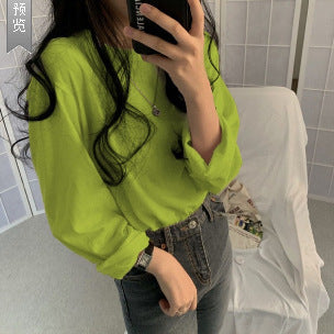 Camiseta informal de manga larga con cuello redondo y color liso para mujer