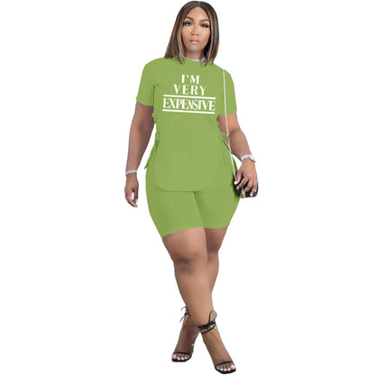 Women Casual Slit Strap Letter Printed Short Sleeve T-Shirt And Solid Color Shorts Fashion Sports Two Pieces Set