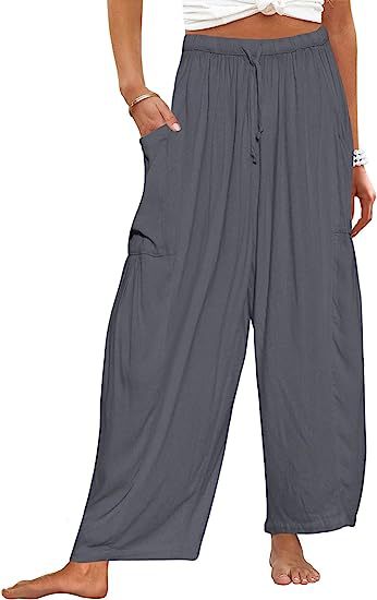 Pantalones cargo informales para mujer, con cintura elástica, plisados, de cintura alta, anchos y holgados, de algodón y lino con bolsillos.