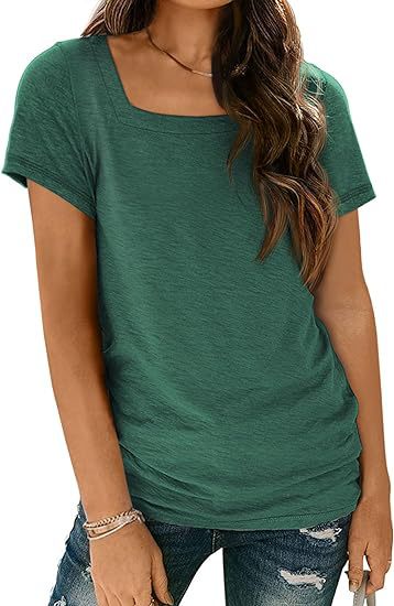 Camiseta informal de verano para mujer, con cuello cuadrado, color liso, manga corta y sin mangas