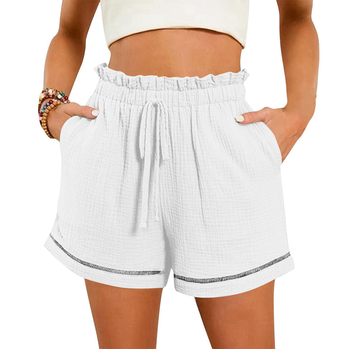 Women Fashion Casual Solid Color High Waist Lace-Up Wide-Leg Shorts