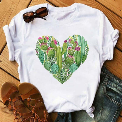 Camiseta informal de manga corta con estampado de corazones para mujer
